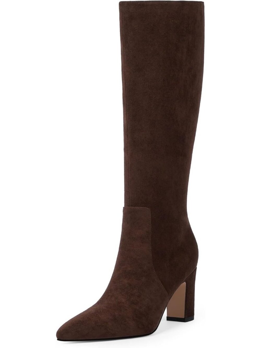 Women's Chocolate Brown  Suede Chunky Heel Pointed Toe Side Zipper Knee High Bo